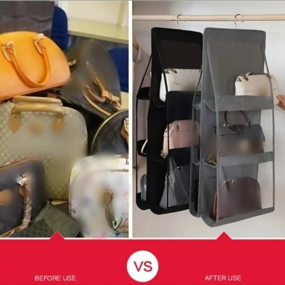 Hanging Purse Hand Bag Organizer Storage, Gray Transparent Holds 6‎ Hang Bags